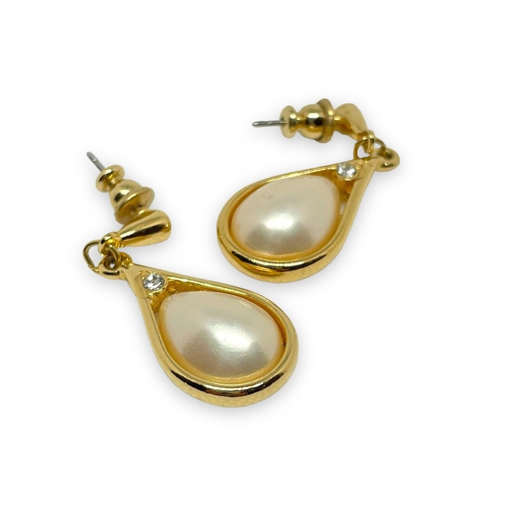 Trifari Gold Tone Pierced Earrings Faux Pearl Rhinestone Teardrop Vintage